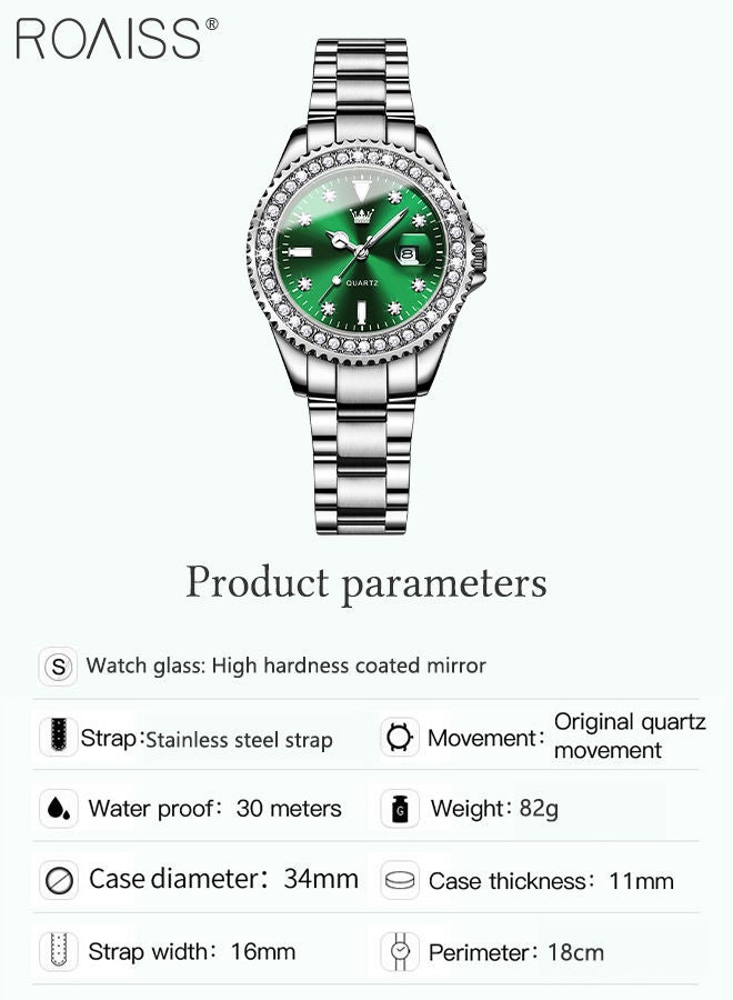 Women's Steel Strap Quartz Watch Analog Display Round Green Dial with Zirconium Diamond Decoration Waterproof Luxurious Wristwatch as Gift for Ladies