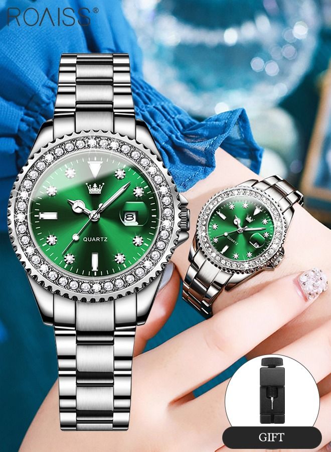 Women's Steel Strap Quartz Watch Analog Display Round Green Dial with Zirconium Diamond Decoration Waterproof Luxurious Wristwatch as Gift for Ladies