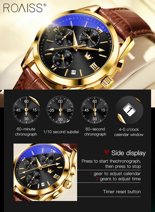 Men's Leather Strap Chronograph Quartz Watch Round Black Dial with Gold Bezel Waterproof Luminous Wristwatch as Gift for Men