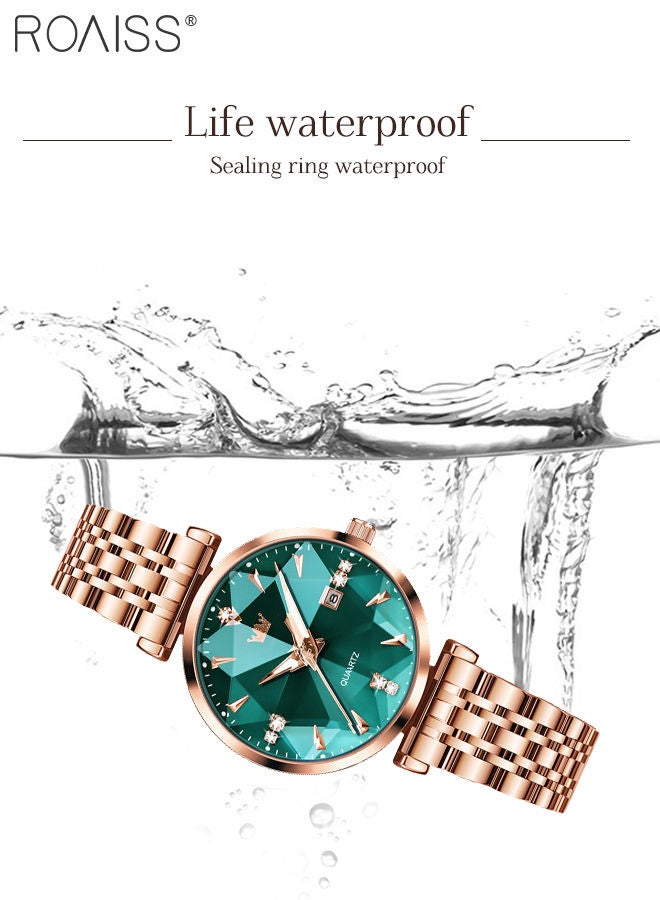 Women's Steel Strap Quartz Watch Analog Display Round Green Dial with Diamond Cut Mirror Waterproof Luminous Wristwatch as Gift for Ladies