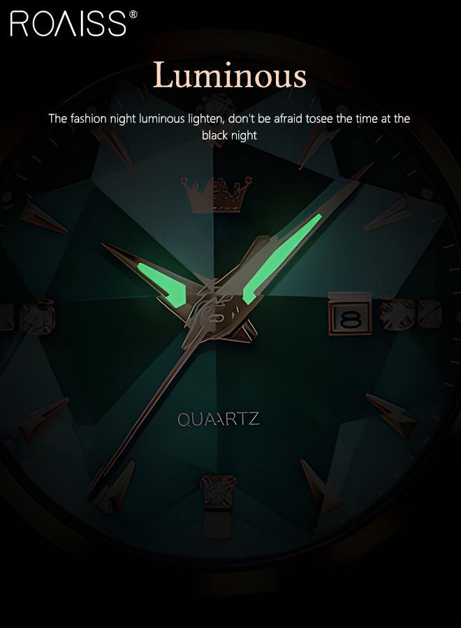 Women's Steel Strap Quartz Watch Analog Display Round Green Dial with Diamond Cut Mirror Waterproof Luminous Wristwatch as Gift for Ladies