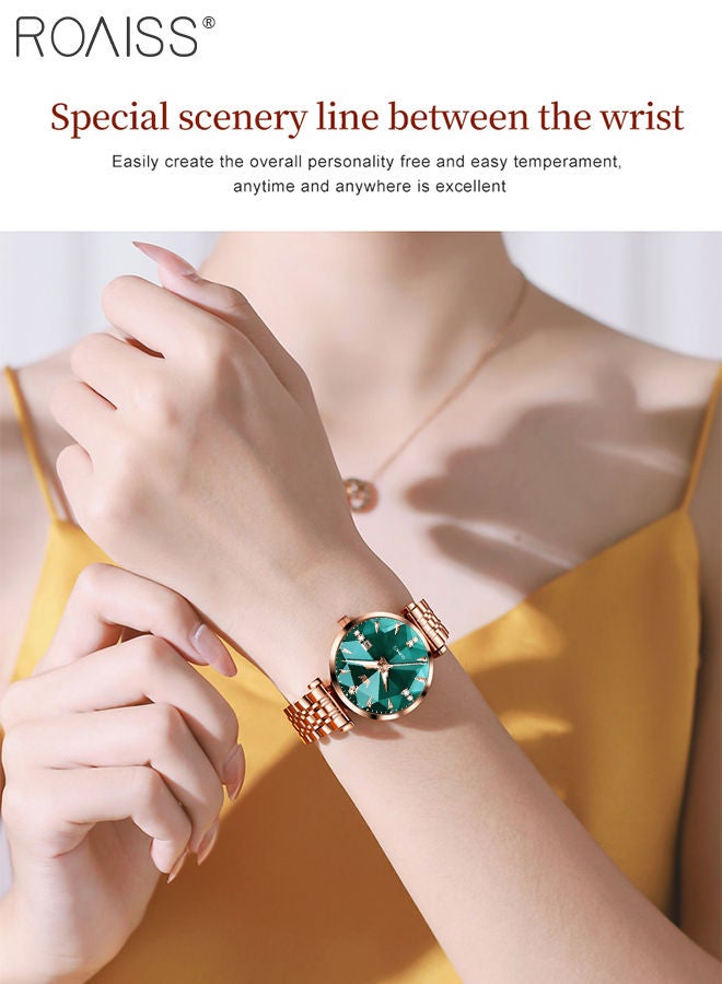 Women's Steel Strap Quartz Watch Analog Display Round Green Dial with Diamond Cut Mirror Waterproof Luminous Wristwatch as Gift for Ladies