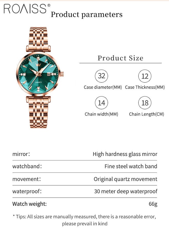 Women's Steel Strap Quartz Watch Analog Display Round Green Dial with Diamond Cut Mirror Waterproof Luminous Wristwatch as Gift for Ladies