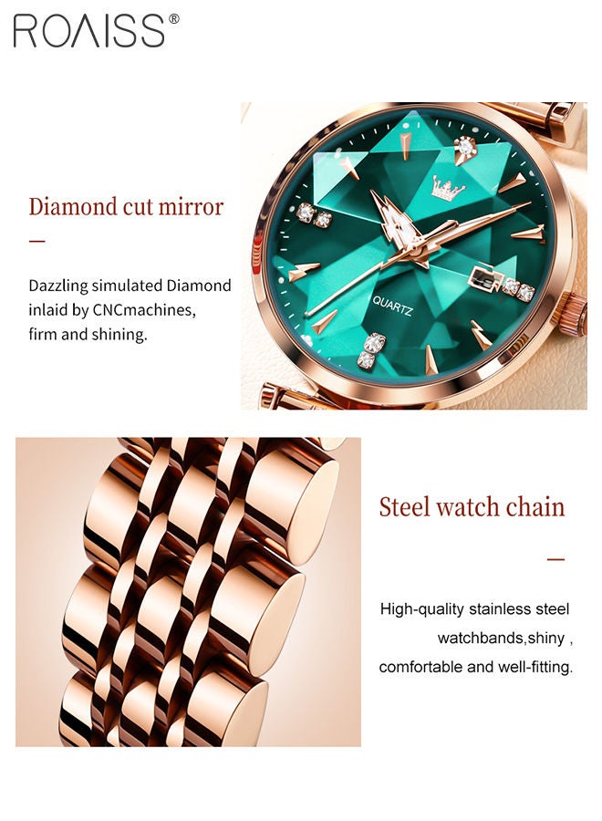 Women's Steel Strap Quartz Watch Analog Display Round Green Dial with Diamond Cut Mirror Waterproof Luminous Wristwatch as Gift for Ladies