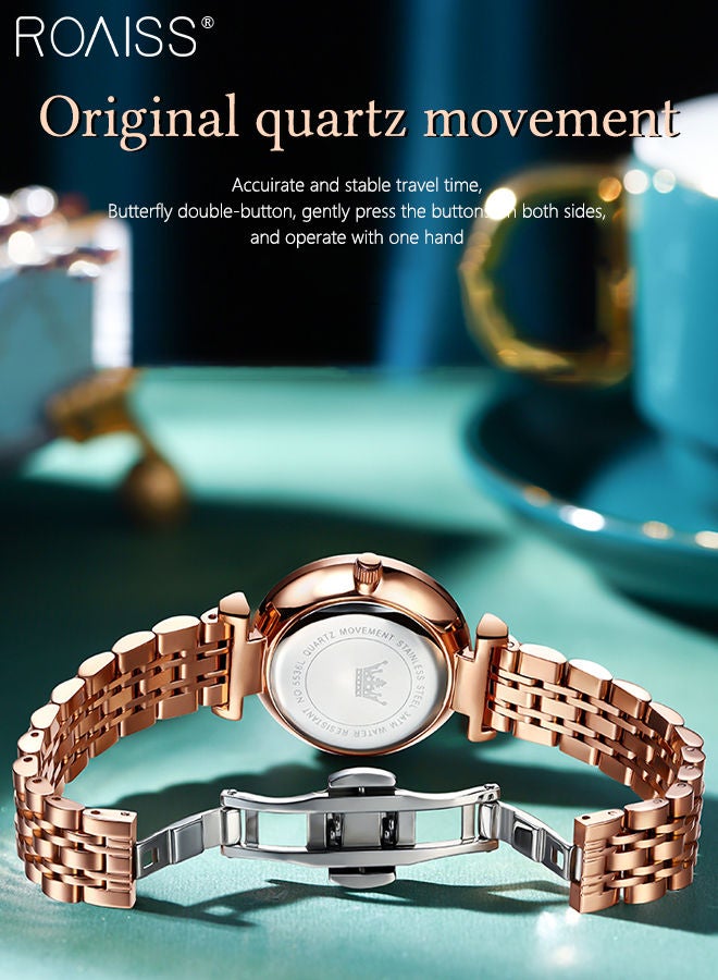 Women's Steel Strap Quartz Watch Analog Display Round Green Dial with Diamond Cut Mirror Waterproof Luminous Wristwatch as Gift for Ladies