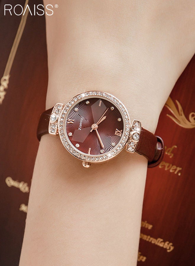 Women's Leather Strap Quartz Watch Analog Display Round Dial with Rhinestones Decorated Bezel Waterproof Elegant Wristwatch as Gift for Ladies