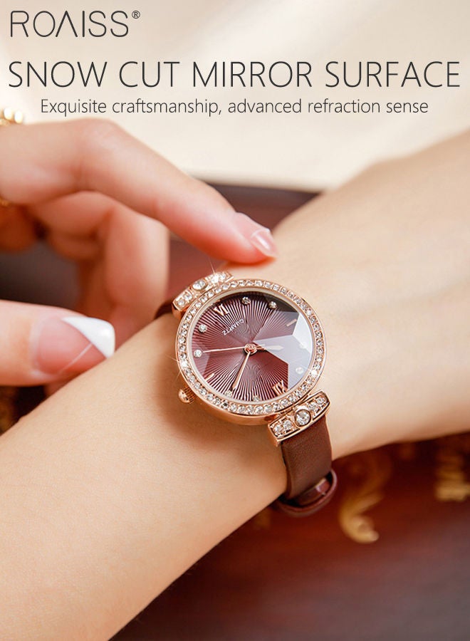 Women's Leather Strap Quartz Watch Analog Display Round Dial with Rhinestones Decorated Bezel Waterproof Elegant Wristwatch as Gift for Ladies