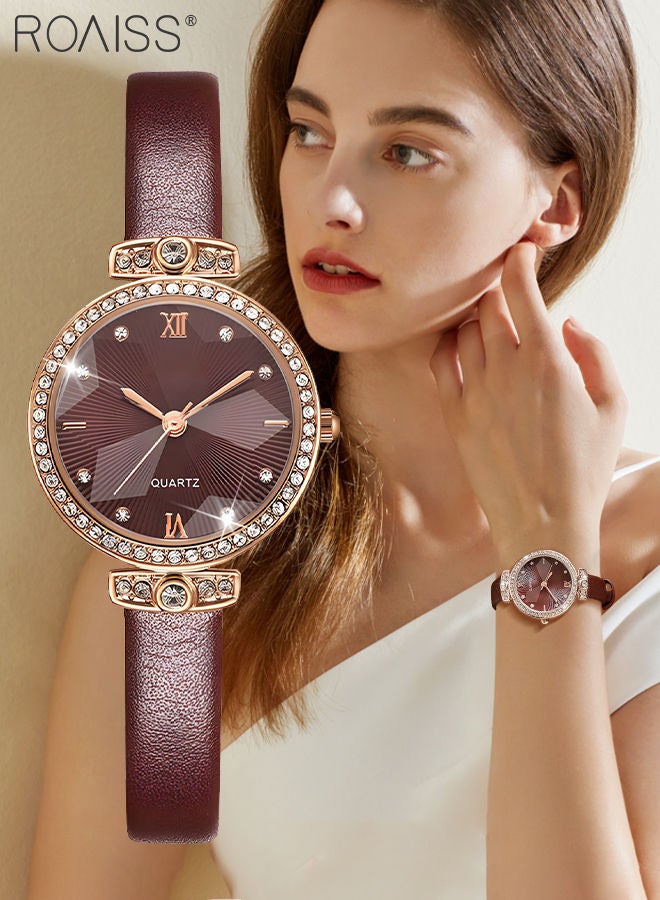 Women's Leather Strap Quartz Watch Analog Display Round Dial with Rhinestones Decorated Bezel Waterproof Elegant Wristwatch as Gift for Ladies