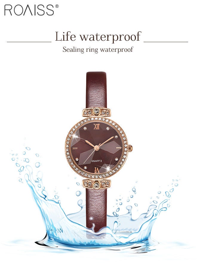 Women's Leather Strap Quartz Watch Analog Display Round Dial with Rhinestones Decorated Bezel Waterproof Elegant Wristwatch as Gift for Ladies