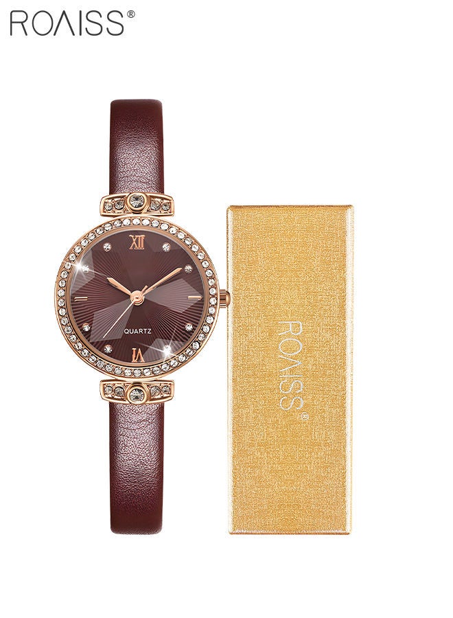 Women's Leather Strap Quartz Watch Analog Display Round Dial with Rhinestones Decorated Bezel Waterproof Elegant Wristwatch as Gift for Ladies