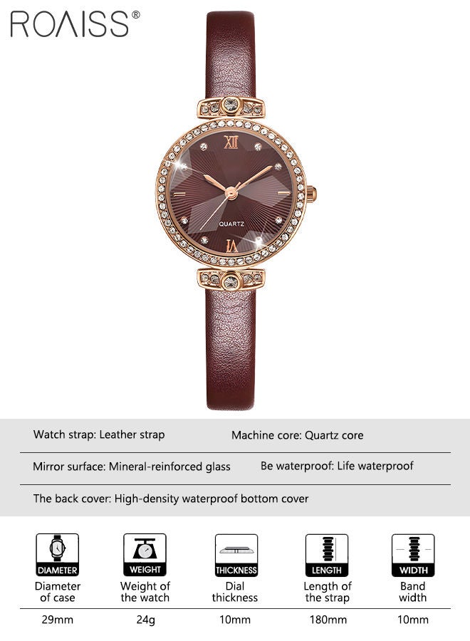 Women's Leather Strap Quartz Watch Analog Display Round Dial with Rhinestones Decorated Bezel Waterproof Elegant Wristwatch as Gift for Ladies