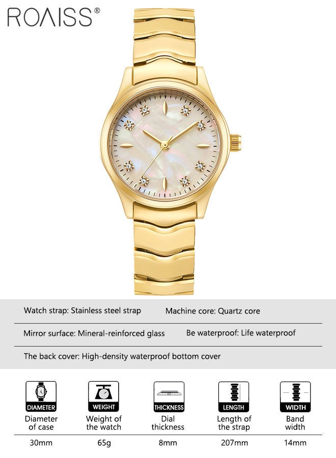 Steel Strap Quartz Watch for Women Analog Display Round Dial with Shell Texture and Rhinestones Decoration Waterproof Luxurious Wristwatch as Gift for Ladies-30mm