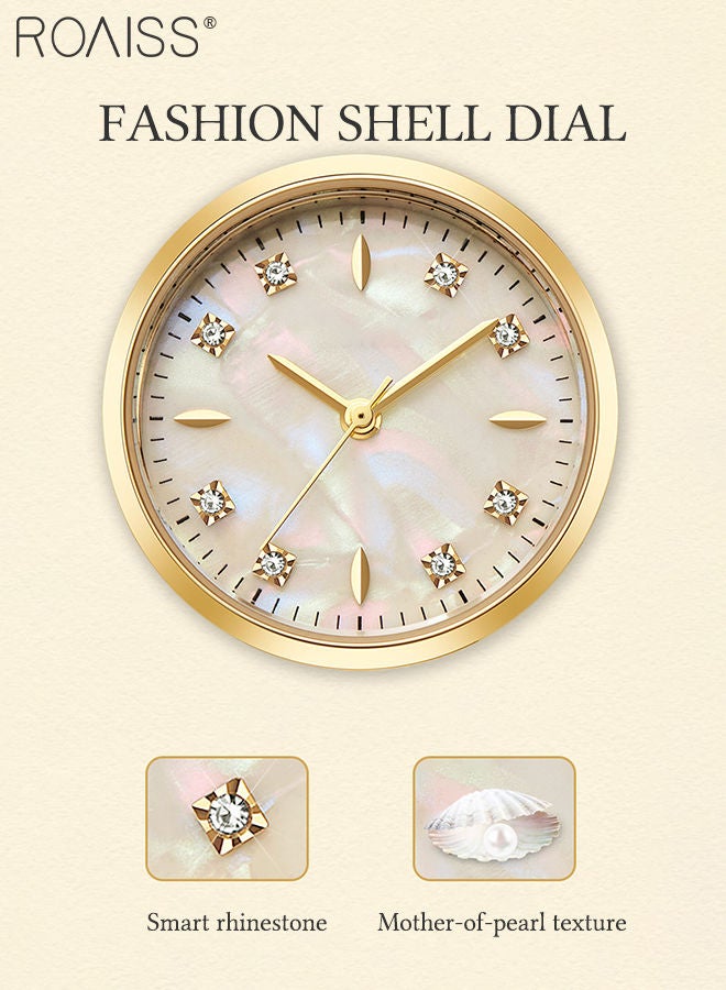 Steel Strap Quartz Watch for Women Analog Display Round Dial with Shell Texture and Rhinestones Decoration Waterproof Luxurious Wristwatch as Gift for Ladies-30mm