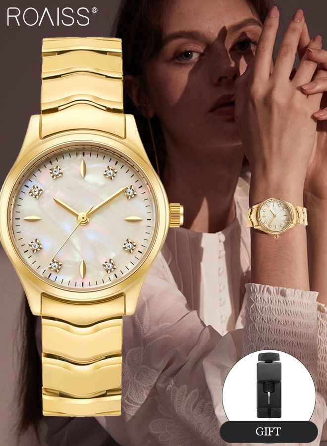 Steel Strap Quartz Watch for Women Analog Display Round Dial with Shell Texture and Rhinestones Decoration Waterproof Luxurious Wristwatch as Gift for Ladies-30mm