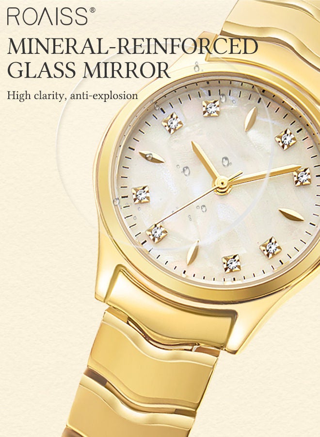 Steel Strap Quartz Watch for Women Analog Display Round Dial with Shell Texture and Rhinestones Decoration Waterproof Luxurious Wristwatch as Gift for Ladies-30mm