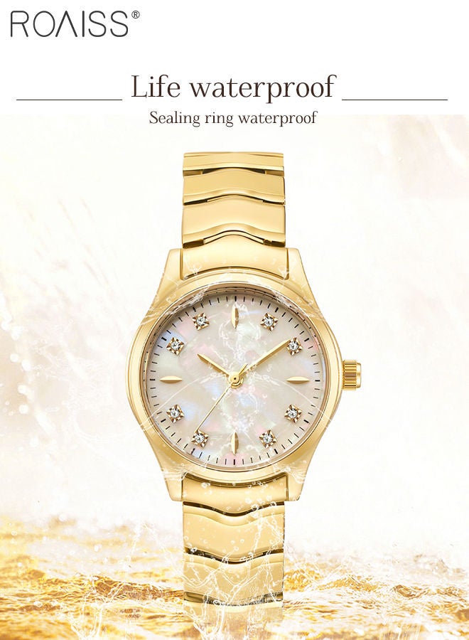 Steel Strap Quartz Watch for Women Analog Display Round Dial with Shell Texture and Rhinestones Decoration Waterproof Luxurious Wristwatch as Gift for Ladies-30mm