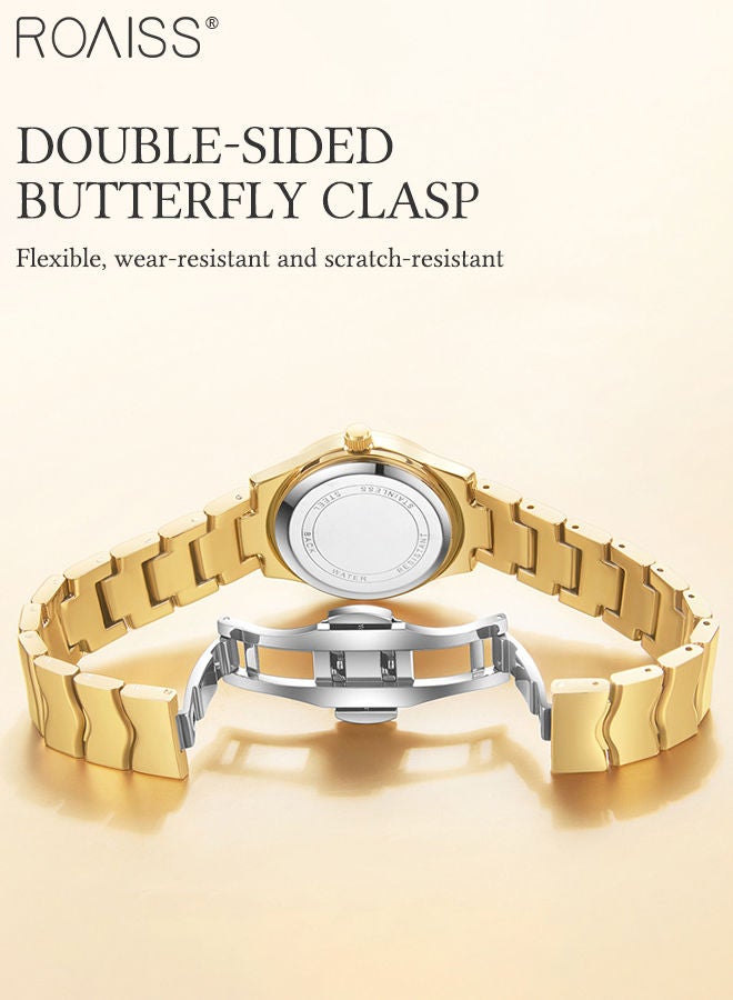 Steel Strap Quartz Watch for Women Analog Display Round Dial with Shell Texture and Rhinestones Decoration Waterproof Luxurious Wristwatch as Gift for Ladies-30mm