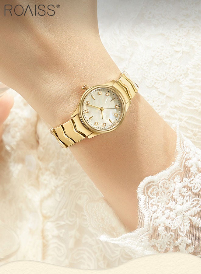 Steel Strap Quartz Watch for Women Analog Display Round Dial with Shell Texture and Rhinestones Decoration Waterproof Luxurious Wristwatch as Gift for Ladies-30mm