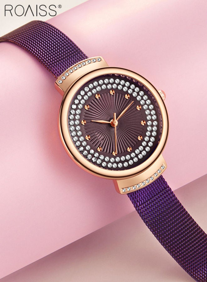 Women's Stainless Steel Mesh Strap Quartz Watch, Analog Display Round Dial with Rhinestones Decoration, Waterproof Elegant Watch as Gift for Women, Purple