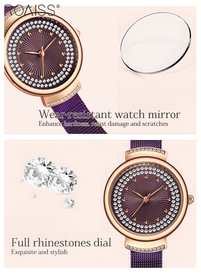 Women's Stainless Steel Mesh Strap Quartz Watch, Analog Display Round Dial with Rhinestones Decoration, Waterproof Elegant Watch as Gift for Women, Purple