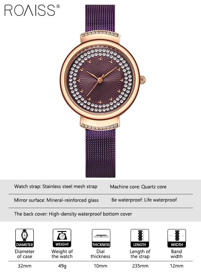 Women's Stainless Steel Mesh Strap Quartz Watch, Analog Display Round Dial with Rhinestones Decoration, Waterproof Elegant Watch as Gift for Women, Purple