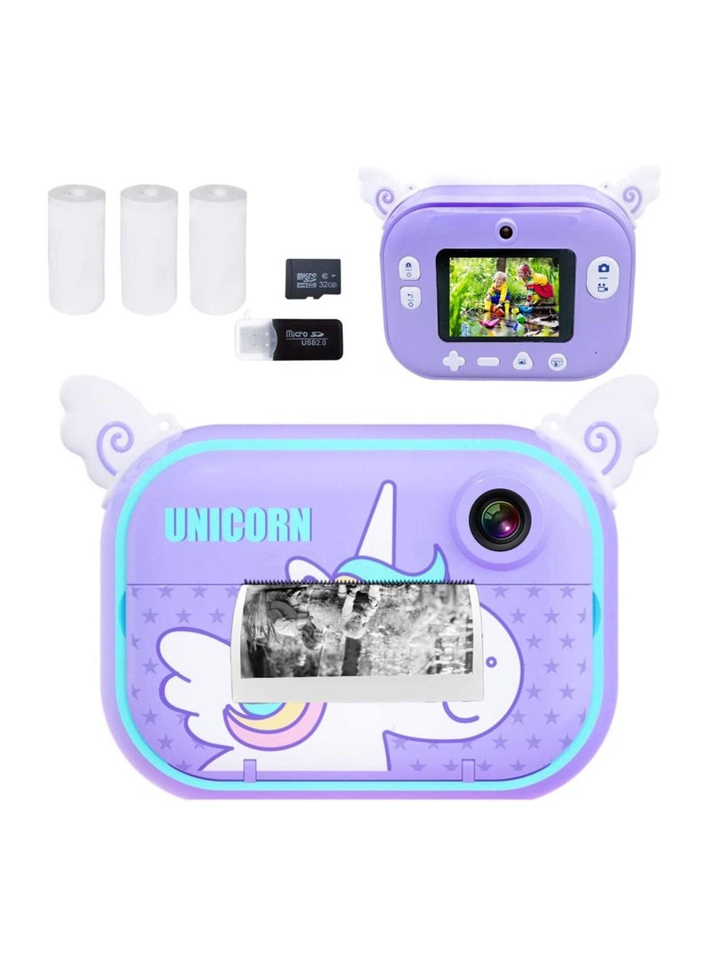 Instant Print Camera for Kids Girls Boys Zero Ink Print Photo Selfie Video Digital Camera with Paper Film 3-12 Years Old Children Mini Learning Toy Camera Gifts for Birthday Holiday Travel