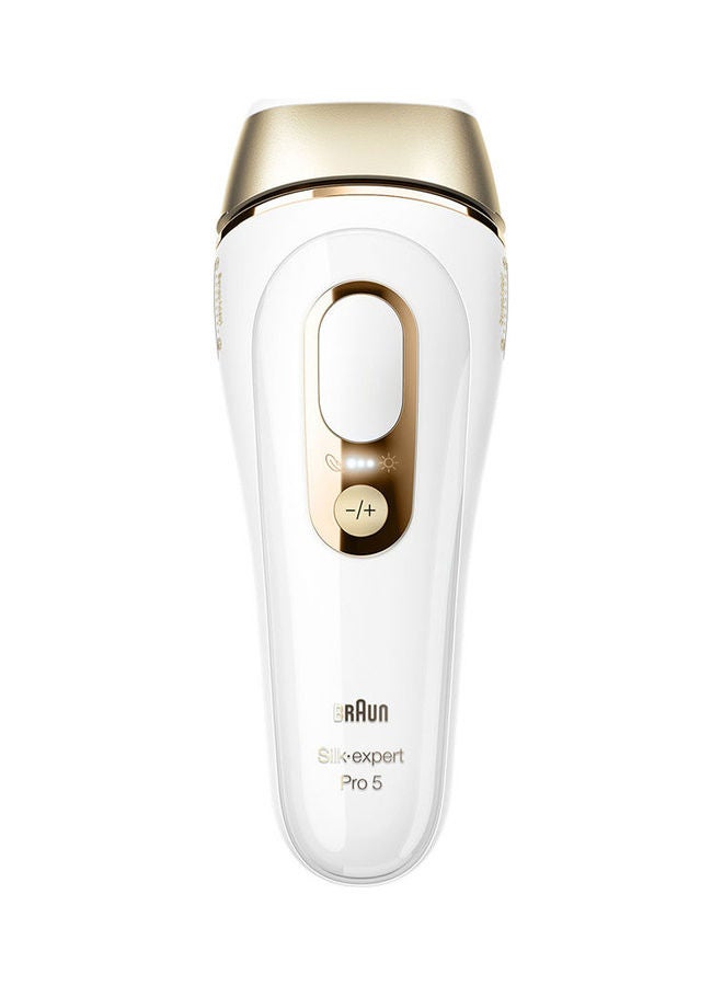 Silk-expert Pro 5 PL5257 IPL with 4 extras: wide head, precision head, Venus razor, soft pouch White/Gold