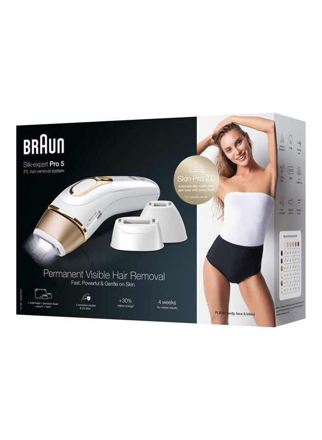 Silk-expert Pro 5 PL5257 IPL with 4 extras: wide head, precision head, Venus razor, soft pouch White/Gold