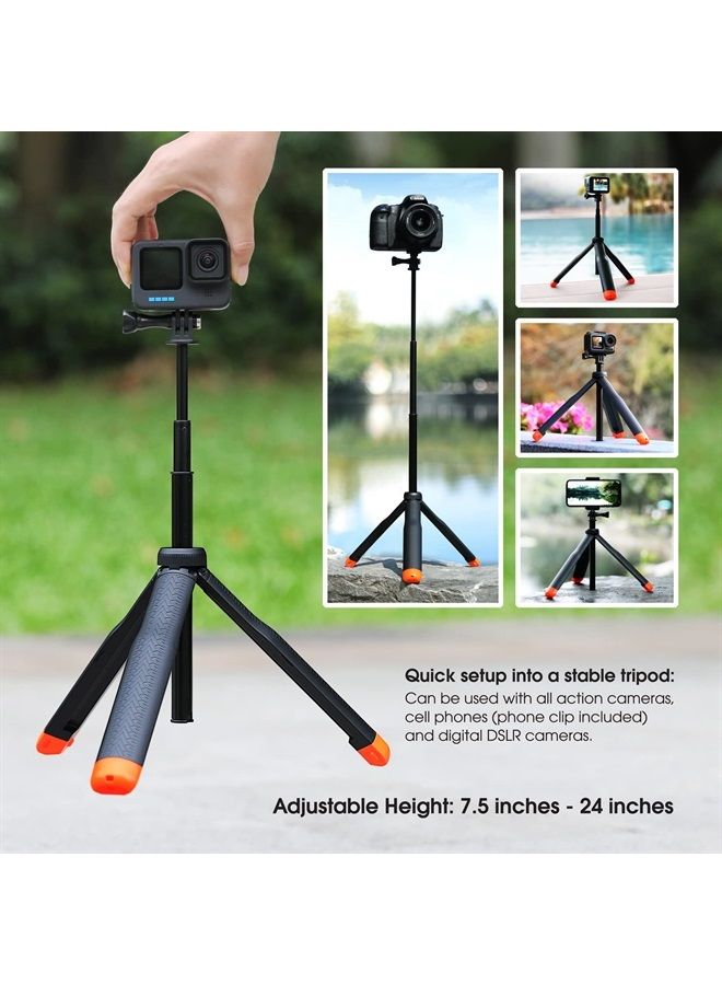 4-in-1 Floating Selfie Stick for GoPro Hero 11, 10, 9, 8, 7, 6, 5, 4, 3, Max, Fusion, Session, DJI OSMO, AKASO, Insta360 - Use as Floating Handle, Extendable Monopod, Hand Grip, Tripod Stand