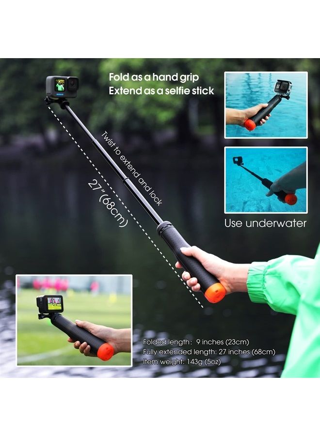 4-in-1 Floating Selfie Stick for GoPro Hero 11, 10, 9, 8, 7, 6, 5, 4, 3, Max, Fusion, Session, DJI OSMO, AKASO, Insta360 - Use as Floating Handle, Extendable Monopod, Hand Grip, Tripod Stand