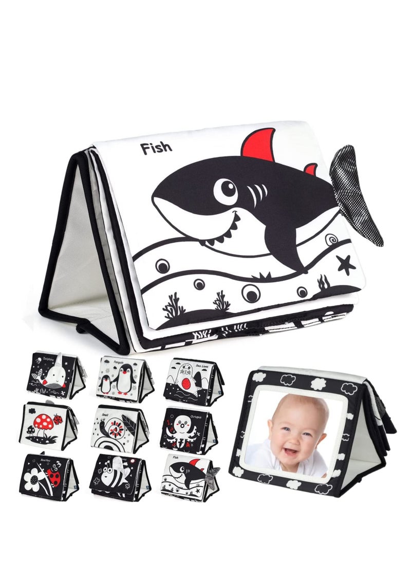 Soft Cloth Baby Book Toy, Black and White Books Tummy Time Mirror for Babies Toys Infants High Contrast Newborn - Sensory Best Gift 0 3 6 9 Months