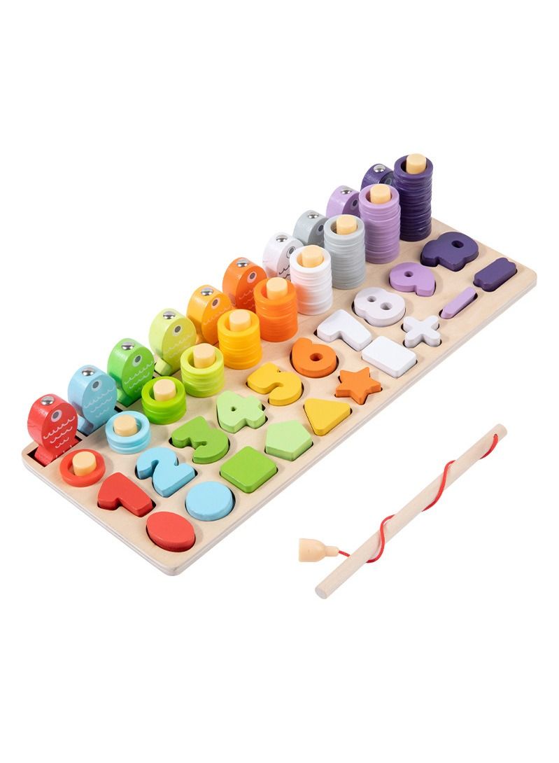 Wooden Puzzle Sorting Shape Matching Magnetic Fishing Toy Stacking Preschool Logarithmic Board Educational Learning Activities