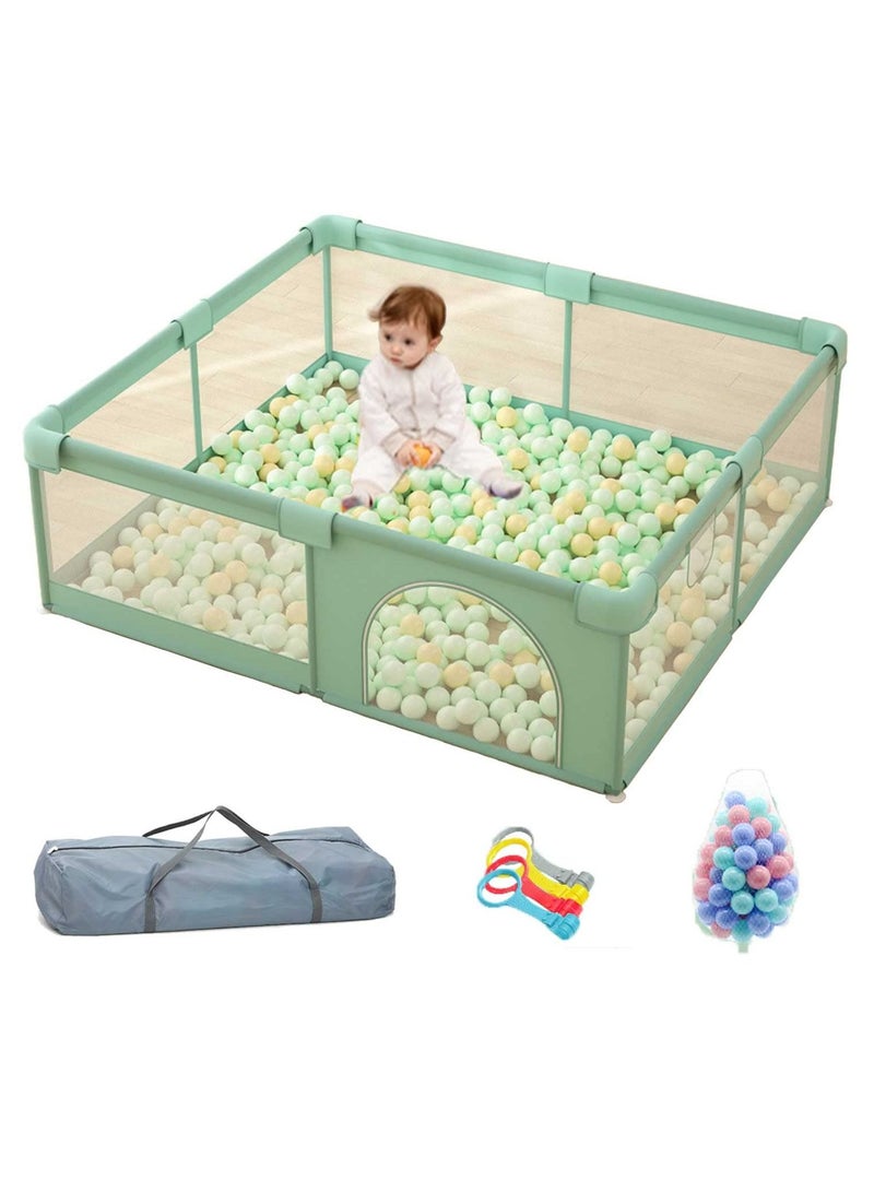 Indoor and Outdoor Baby Activity Center,Portable Playpen, Safety Playard with Anti-Collision Foam,Playpen with 50 Ocean Balls,4 Pull Rings and 1 Storage Bag (200Lx180W cm, Green)