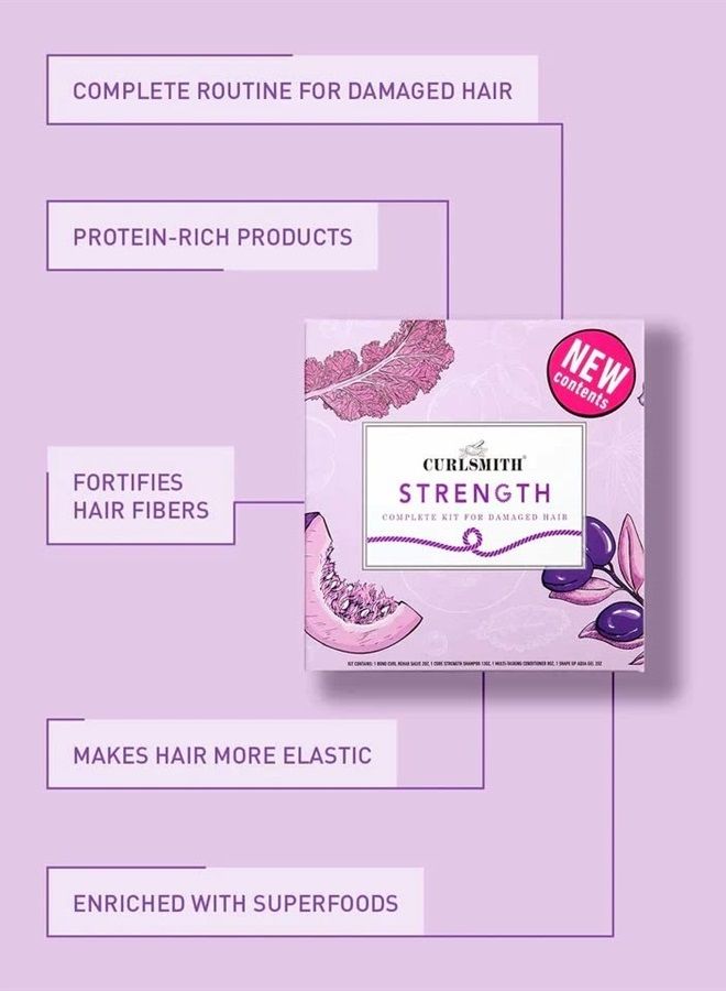 Curlsmith - Strength Complete Kit for Damaged Hair, with Core Strength Shampoo, Multi-Tasking Conditioner, Bond Curl & Shape Up Aqua Gel