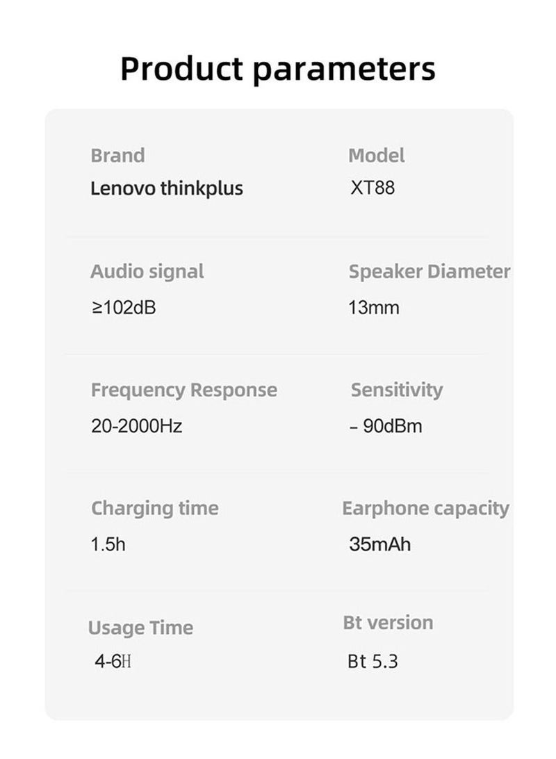 XT88 Wireless Bluetooth 5.3 Lenovo Earbuds HD Call Noise Reduction Touch Control Headphones