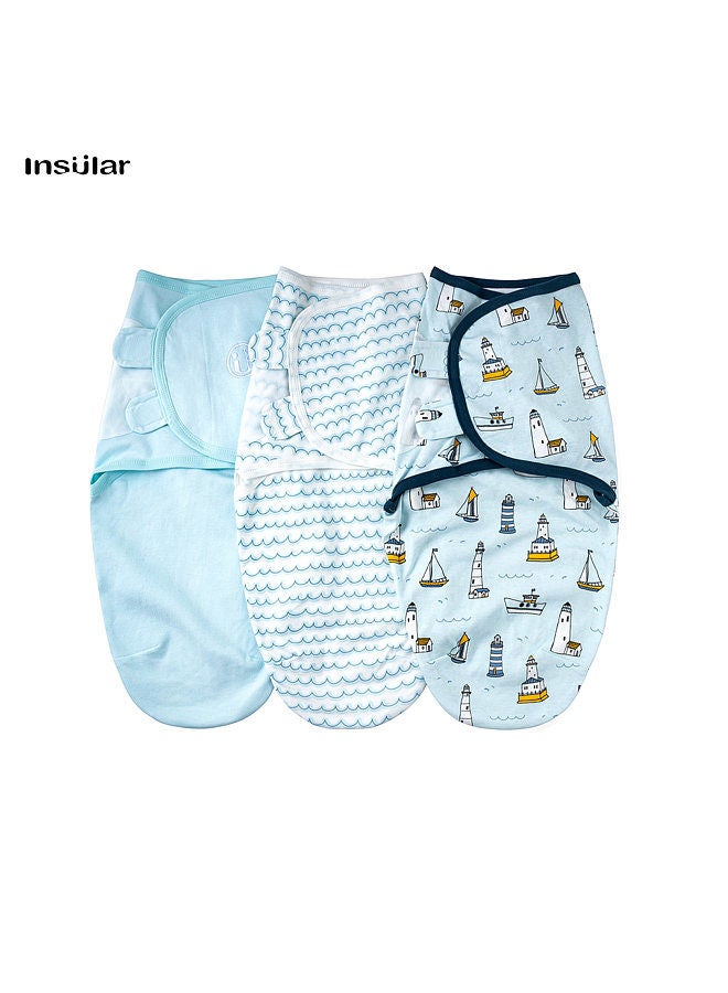 insular SU3007 3PCS Baby Swaddle Wrap Blanket Soft Cotton Infant Sleeping Blanket with Cute Ocean Ships Pattern for Newborn Baby Boys Girls