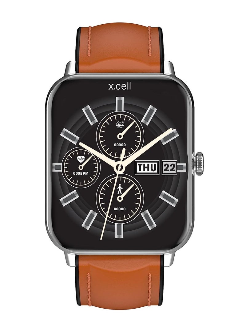 Xcell G8 Talk Pro Smart watch, Heart Rate/Blood Pressure/Oxygen Level Monitoring, Receive & Make Calls,Water Resistance: IP67, 1 Week Battery Life, Compatibility: IOS/Android-Brown Leather