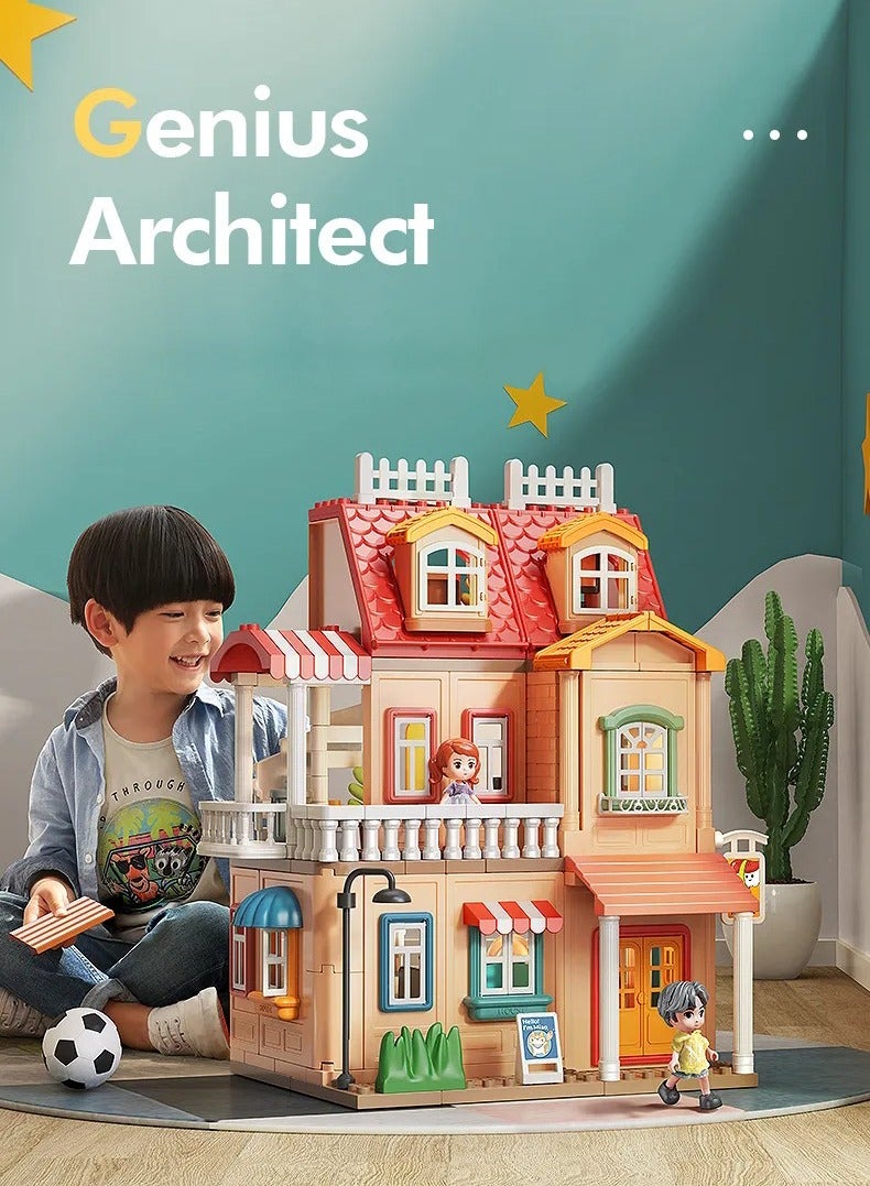 Country Style Dream House Building Set 1802, 246 Big Blocks Gift Toys For Girls & Boys 3+ Years Old, Kids Learning and Education Doll House with Rooms Accessories & Warm Light