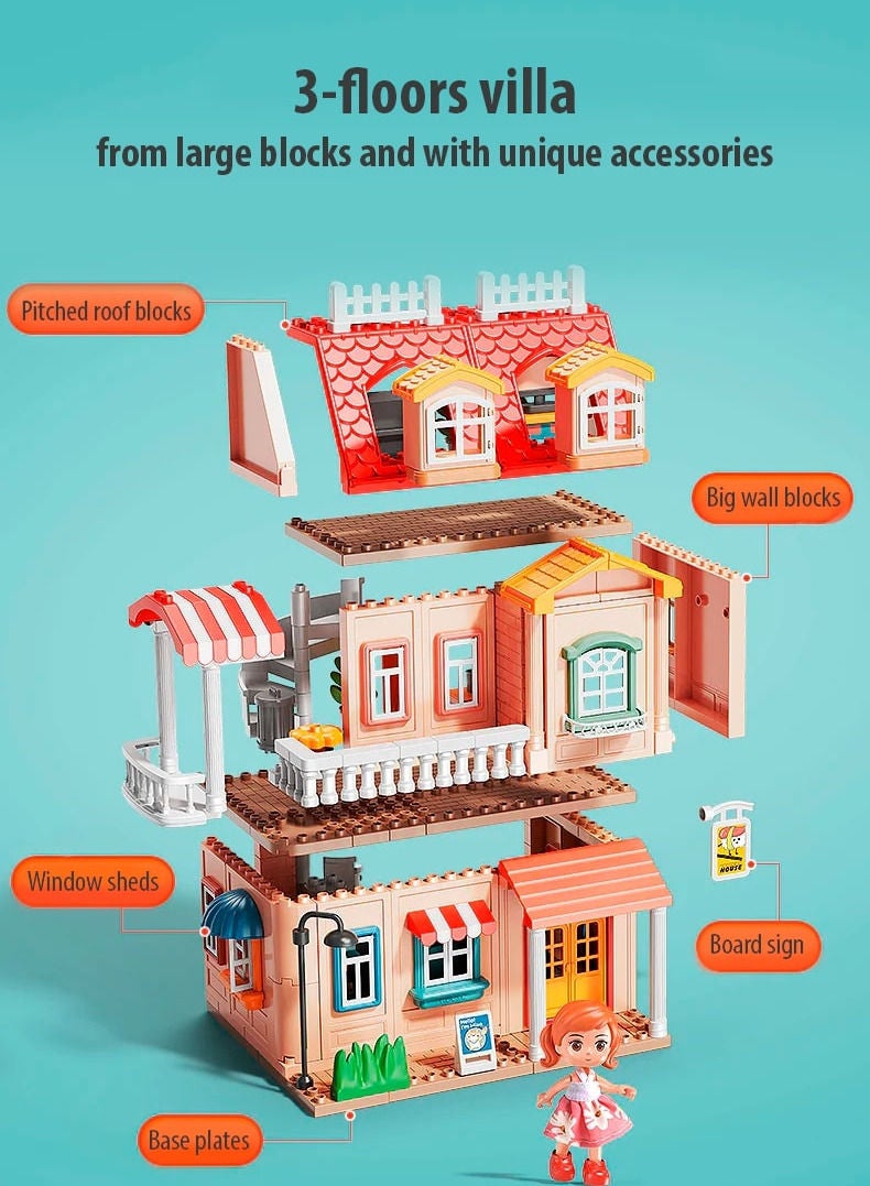 Country Style Dream House Building Set 1802, 246 Big Blocks Gift Toys For Girls & Boys 3+ Years Old, Kids Learning and Education Doll House with Rooms Accessories & Warm Light