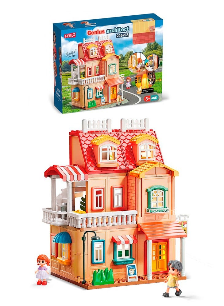 Country Style Dream House Building Set 1802, 246 Big Blocks Gift Toys For Girls & Boys 3+ Years Old, Kids Learning and Education Doll House with Rooms Accessories & Warm Light