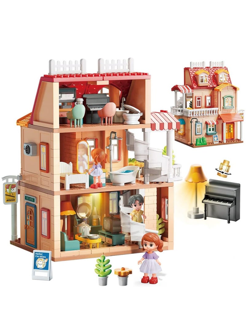 Country Style Dream House Building Set 1802, 246 Big Blocks Gift Toys For Girls & Boys 3+ Years Old, Kids Learning and Education Doll House with Rooms Accessories & Warm Light
