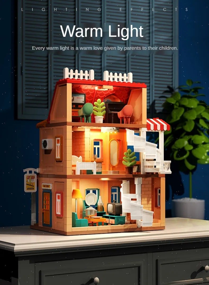 Country Style Dream House Building Set 1802, 246 Big Blocks Gift Toys For Girls & Boys 3+ Years Old, Kids Learning and Education Doll House with Rooms Accessories & Warm Light