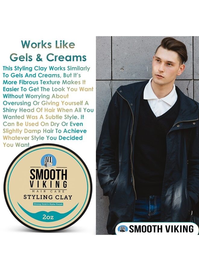 Smooth Viking Hair Clay for Men - Strong Hold, Matte Finish Hair Styling Product for Effortless Styling, Long-Lasting Control & Polished Appearance, 2oz