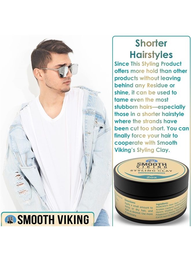 Smooth Viking Hair Clay for Men - Strong Hold, Matte Finish Hair Styling Product for Effortless Styling, Long-Lasting Control & Polished Appearance, 2oz