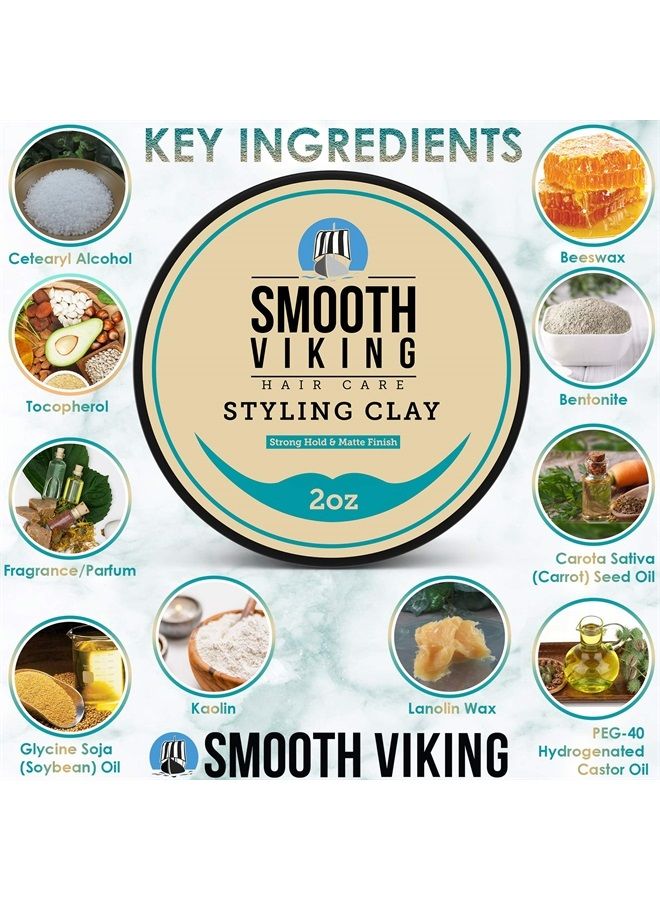 Smooth Viking Hair Clay for Men - Strong Hold, Matte Finish Hair Styling Product for Effortless Styling, Long-Lasting Control & Polished Appearance, 2oz