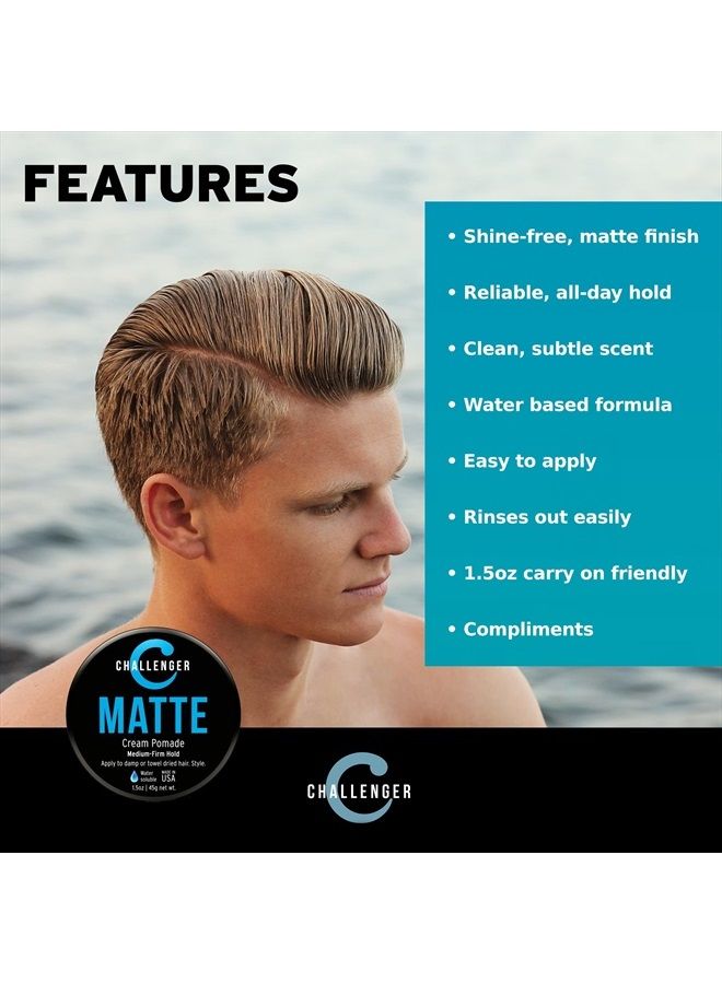 Men's Matte Cream Pomade, 1.5 Ounce | Natural Finish, Clean & Subtle Scent | Medium Firm Hold | Best Water Based Hair Styling Paste, Wax, Fiber, Clay, & Gel All In One