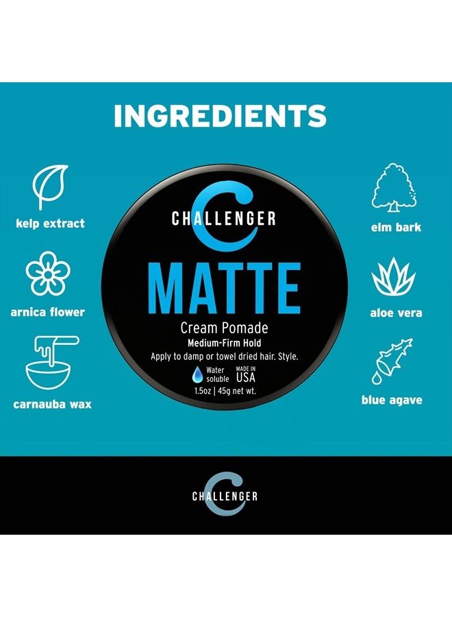 Men's Matte Cream Pomade, 1.5 Ounce | Natural Finish, Clean & Subtle Scent | Medium Firm Hold | Best Water Based Hair Styling Paste, Wax, Fiber, Clay, & Gel All In One