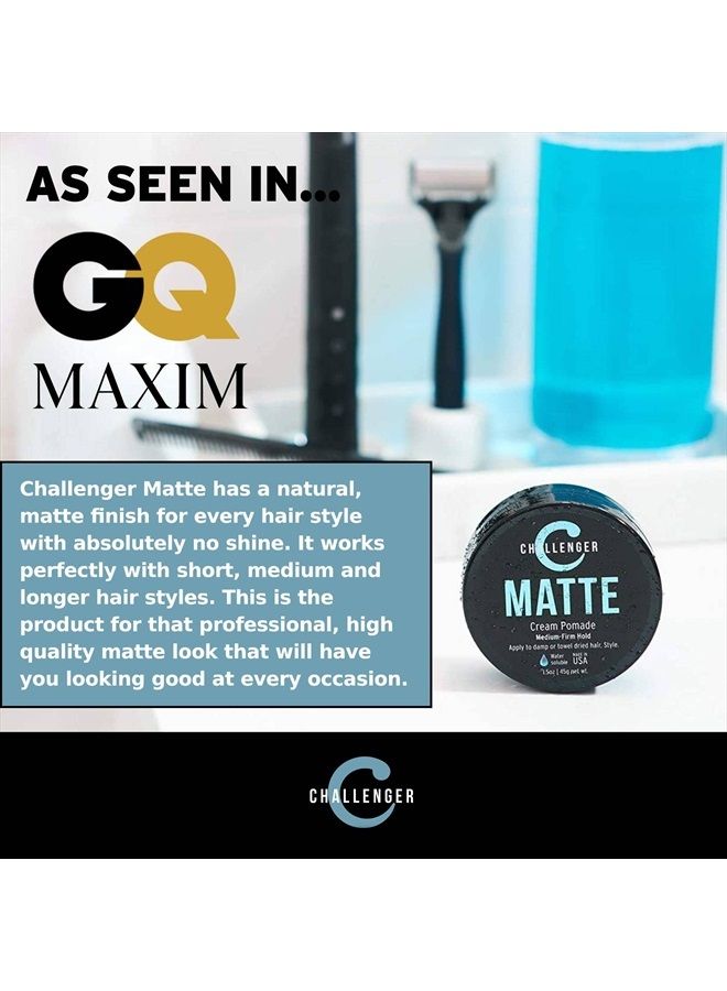 Men's Matte Cream Pomade, 1.5 Ounce | Natural Finish, Clean & Subtle Scent | Medium Firm Hold | Best Water Based Hair Styling Paste, Wax, Fiber, Clay, & Gel All In One