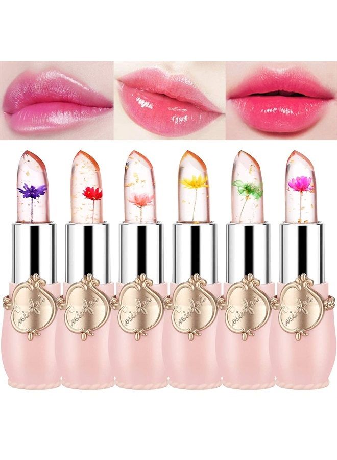 Pack of 6 Crystal Flower Jelly Lipstick, Long Lasting Nutritious Lip Balm Lips Moisturizer Magic Temperature Color Change Lip Gloss (Pink)