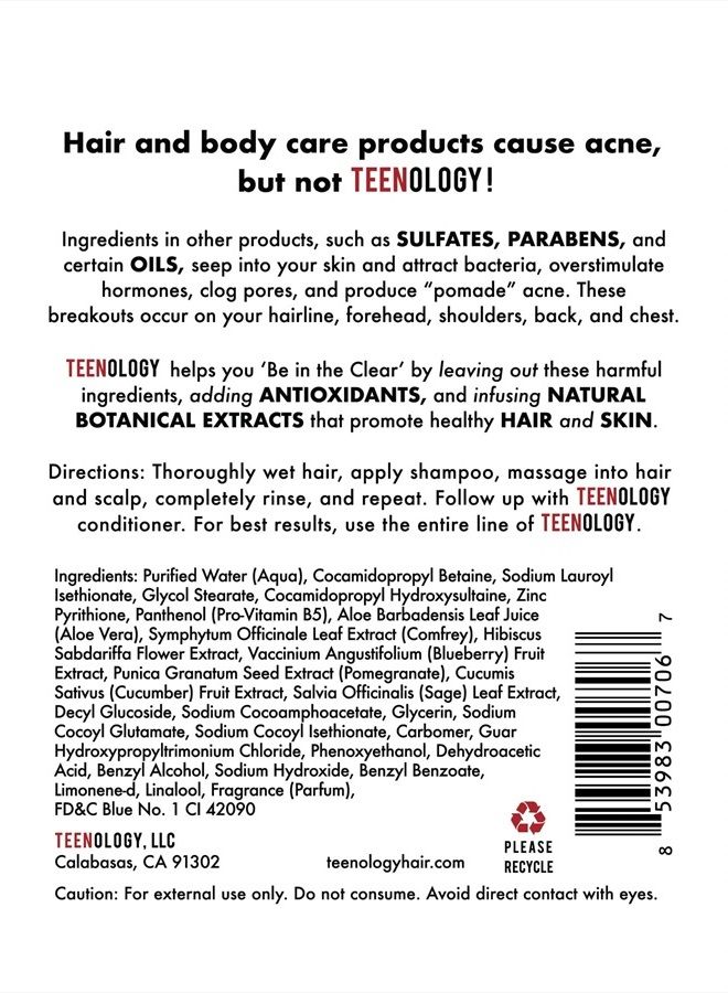 Shampoo for Teens - Avoid Forehead and Body Breakouts - No Sulfates or Parabens, Noncomedogenic, Natural Botanical Extracts, 16 oz. (Blueberry Pomegranate Cucumber)